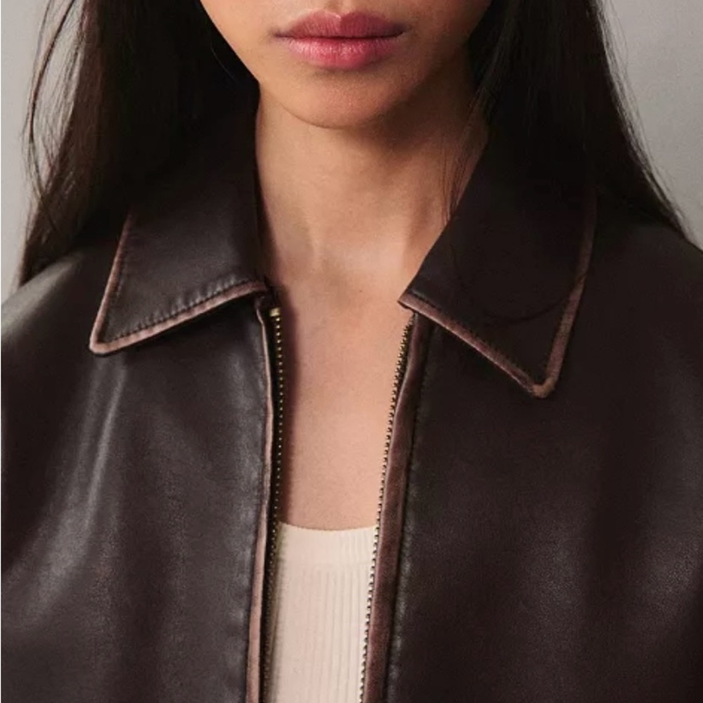 Mango Dark Brown Leather Jacket with Contrast Stitching - Picture 4 of 11